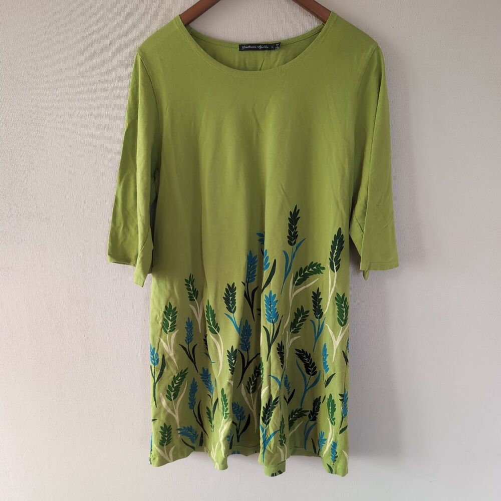 Gudrun Sjoden Dress Organic Cotton Green Leaf Print Midi Scandinavian Lagenlook
